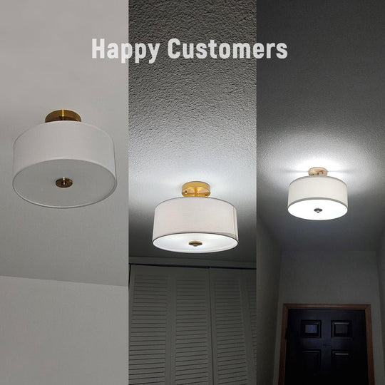 Pendantlightie - Scandinavian 2 - Light Linen Shade Drum Semi Flush Mount - Semi Flush Mount - Brass - 