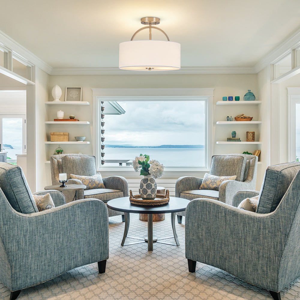 Pendantlightie - Scandinavian 2 - Light Linen Shade Drum Semi Flush Mount - Semi Flush Mount - Nickel - 