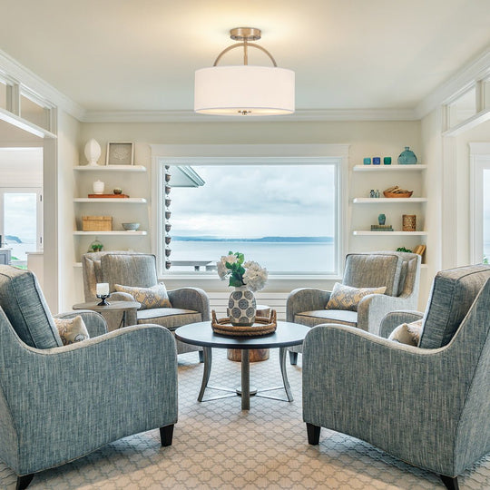 Pendantlightie - Scandinavian 2 - Light Linen Shade Drum Semi Flush Mount - Semi Flush Mount - Nickel - 