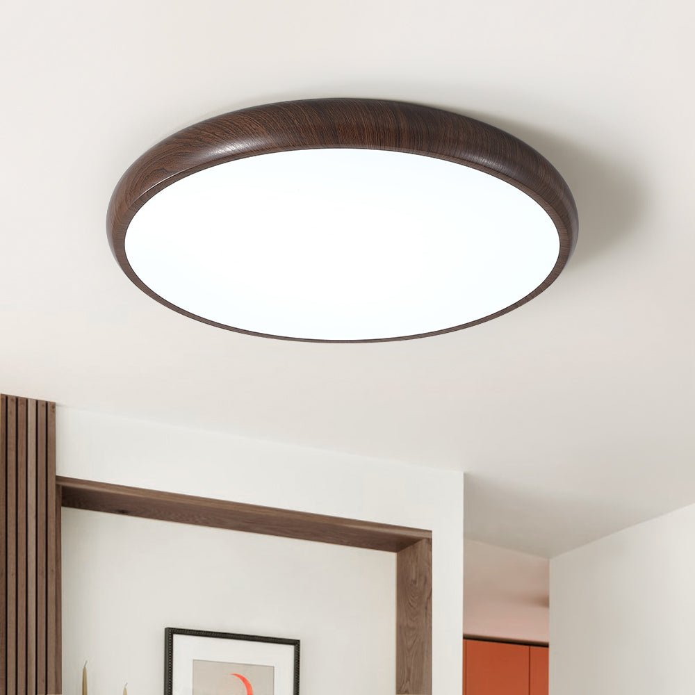 Pendantlightie-Scandinavian Wood-Like Round Led Ceiling Light-Flush Mount-Cool White Light-Walnut Grain