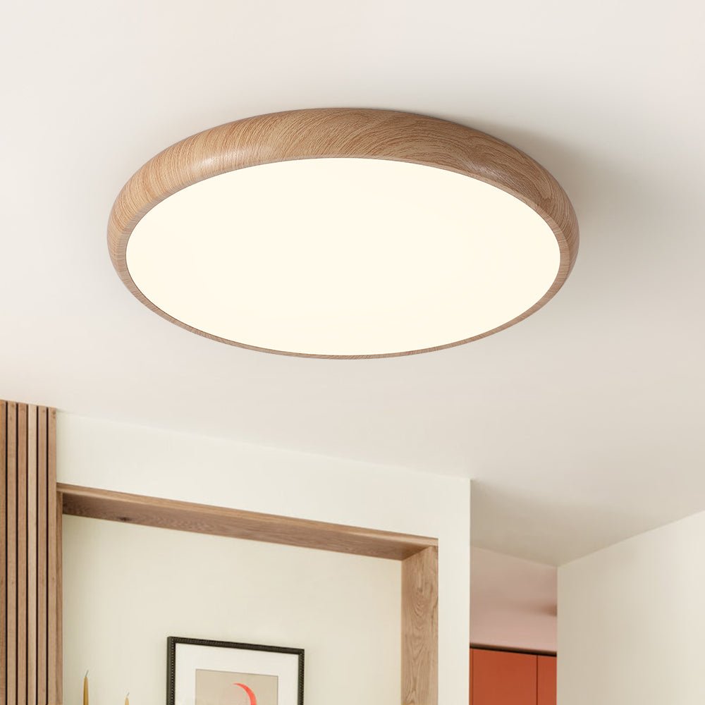 Pendantlightie-Scandinavian Wood-Like Round Led Ceiling Light-Flush Mount-Warm White Light-Wood Grain