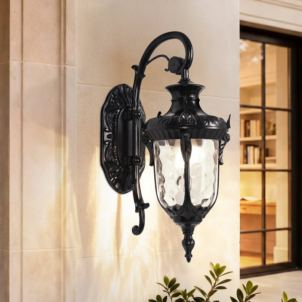 Pendantlightie-Traditional 1-Light Hammered Glass Lantern Shade Patio Outdoor Wall Light-Outdoor Wall Light-Black-Medium