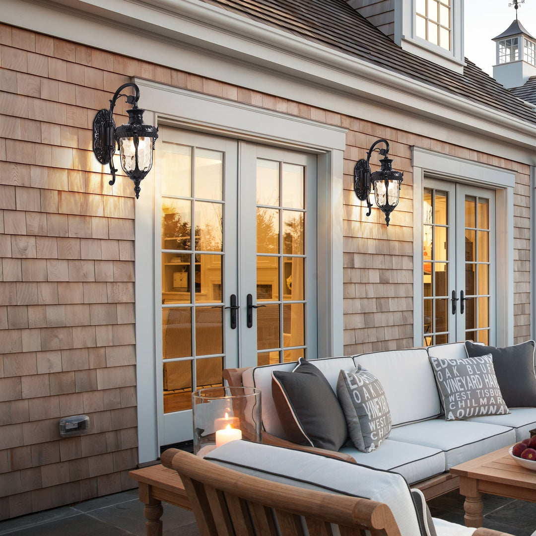 Pendantlightie-Traditional 1-Light Hammered Glass Lantern Shade Patio Outdoor Wall Light-Outdoor Wall Light-Black-Medium