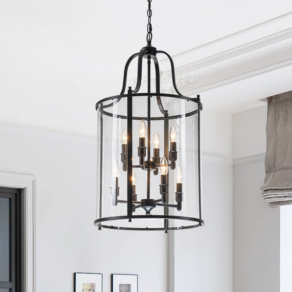 Pendantlightie - Traditional 8 - Light Clear Glass Lantern Style Cylinder Pendant - Pendants - Black - 