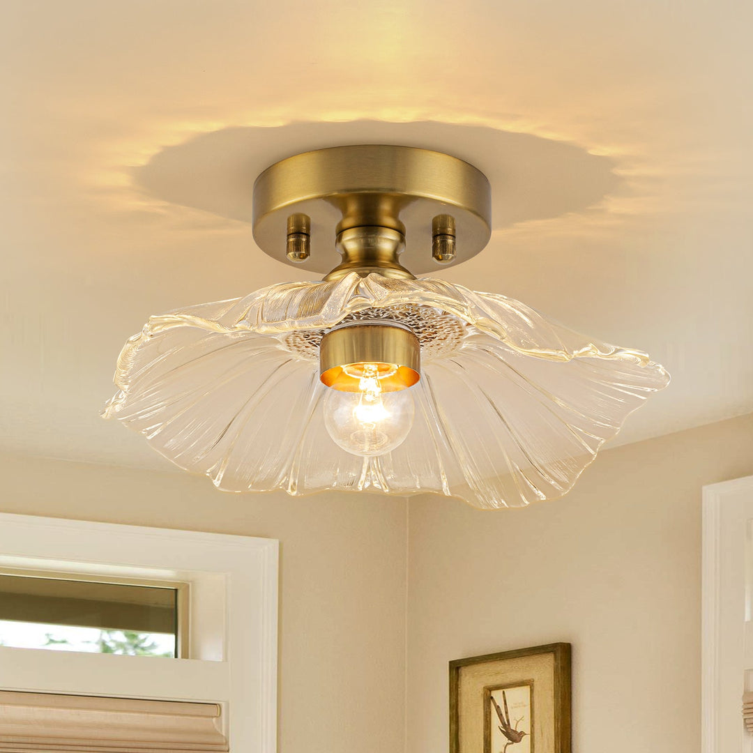 Pendantlightie-Traditional Vintage 1-Light Flower Lotus Leaf Glass Ceiling Light-Semi Flush Mount-Brass-
