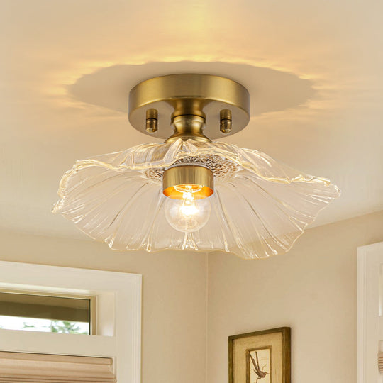 Pendantlightie-Traditional Vintage 1-Light Flower Lotus Leaf Glass Ceiling Light-Semi Flush Mount-Brass-