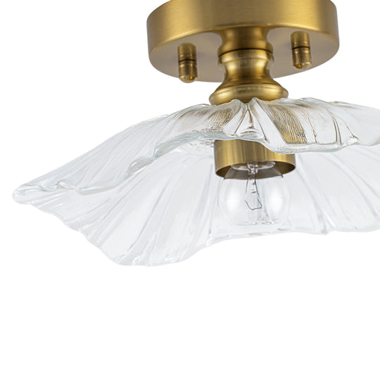 Pendantlightie-Traditional Vintage 1-Light Flower Lotus Leaf Glass Ceiling Light-Semi Flush Mount-Brass-