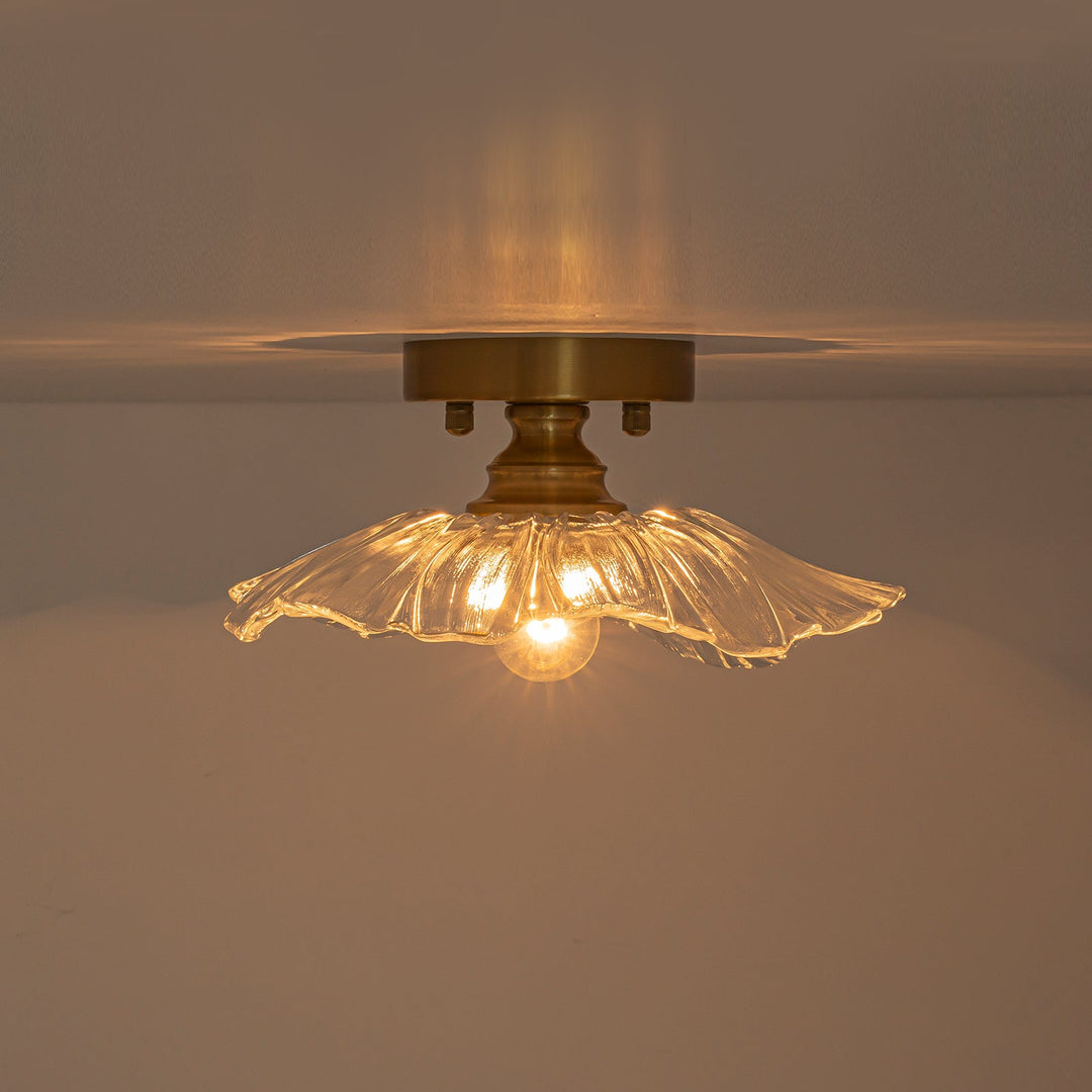 Pendantlightie-Traditional Vintage 1-Light Flower Lotus Leaf Glass Ceiling Light-Semi Flush Mount-Brass-