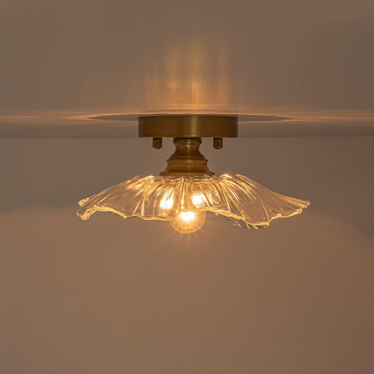 Pendantlightie-Traditional Vintage 1-Light Flower Lotus Leaf Glass Ceiling Light-Semi Flush Mount-Brass-