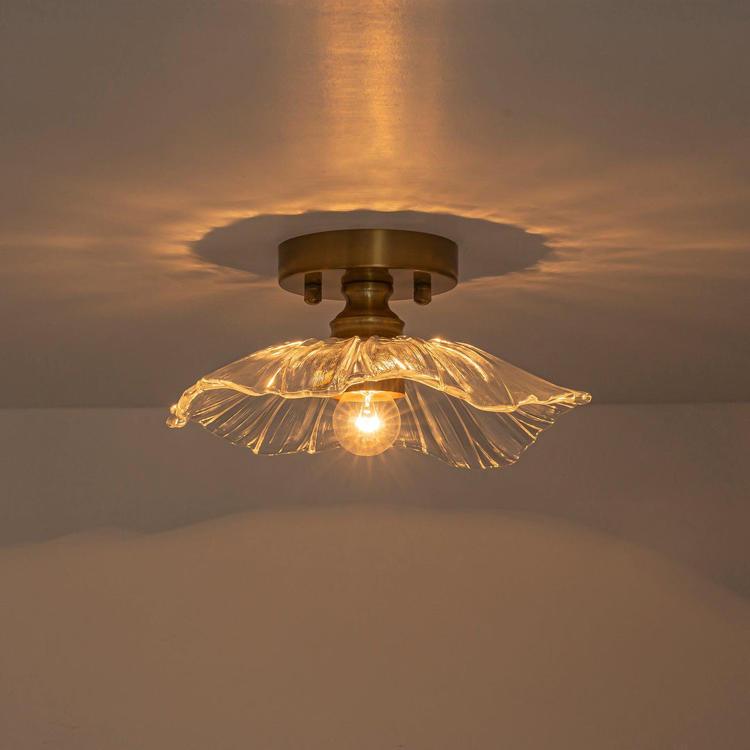 Pendantlightie-Traditional Vintage 1-Light Flower Lotus Leaf Glass Ceiling Light-Semi Flush Mount-Brass-