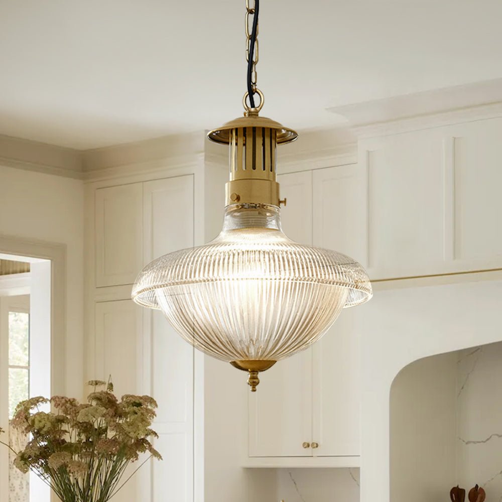 Pendantlightie - Traditional Vintage 1 - Light Ribbed Metal Glass Shade Dome Pendant Light - Pendants - Brass - 