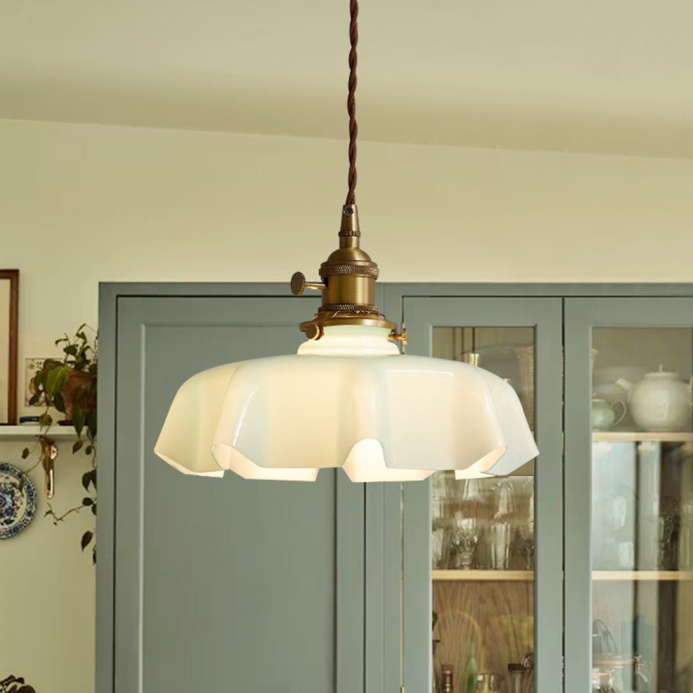 Pendantlightie - Vintage 1 - Light Creamy Scalloped Draped Flower Glass Pendant Light - Pendants - Green - 