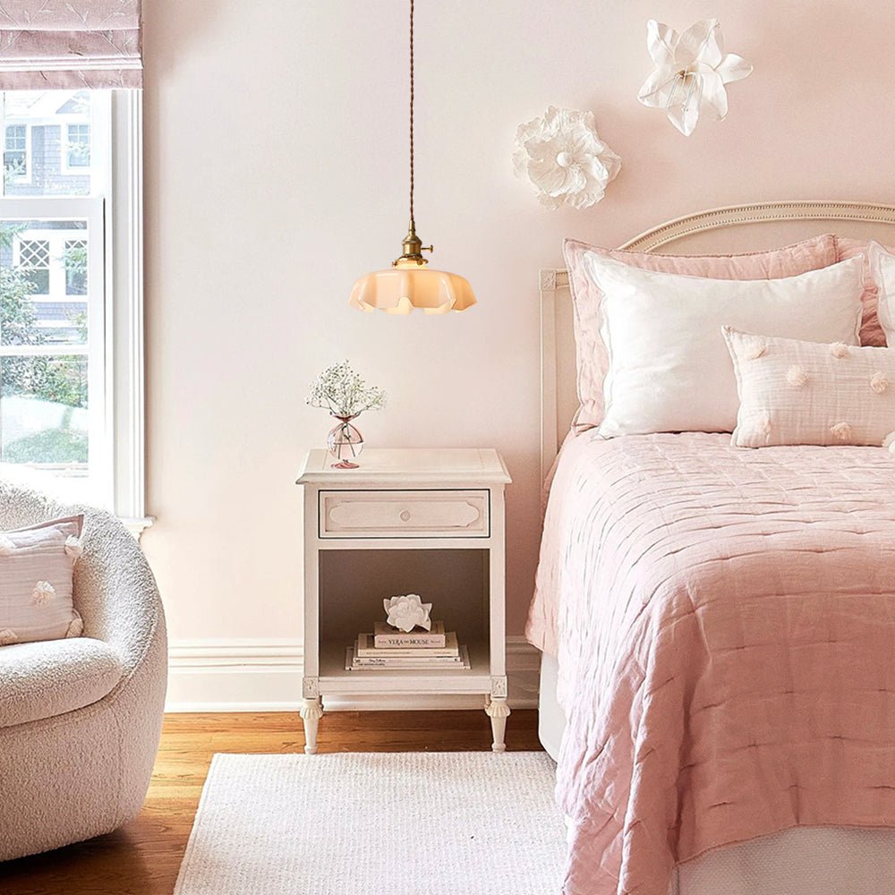 Pendantlightie - Vintage 1 - Light Creamy Scalloped Draped Flower Glass Pendant Light - Pendants - Pink - 
