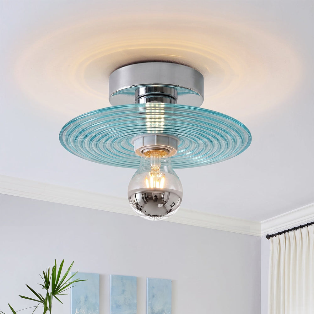 Pendantlightie-Vintage 1-Light Disc Round Corrugated Glass Semi Ceiling Light-Semi Flush Mount-Blue-