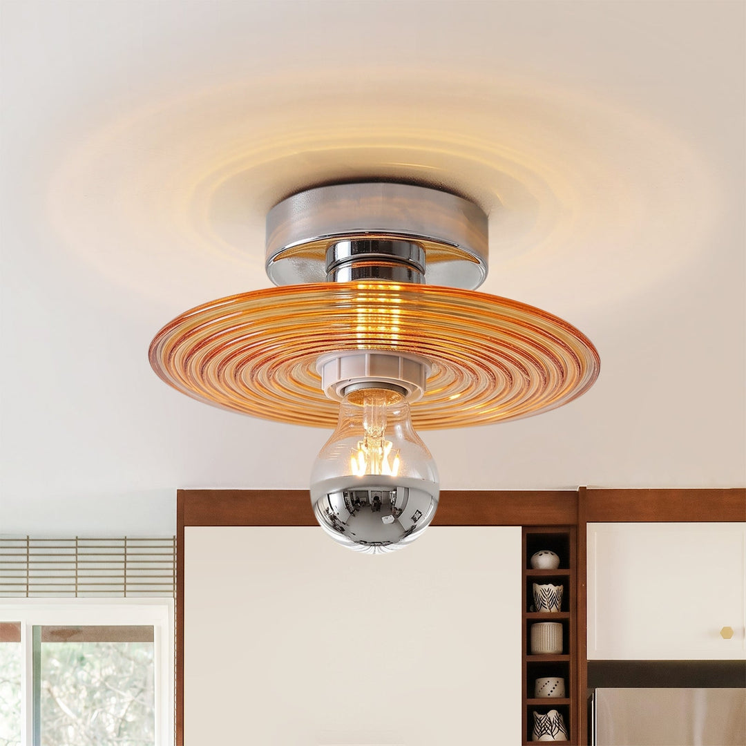Pendantlightie-Vintage 1-Light Disc Round Corrugated Glass Semi Ceiling Light-Semi Flush Mount-Orange-