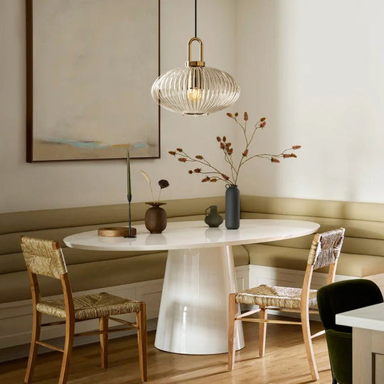 Pendantlightie - Vintage 1 - Light Pumpkin Shape Ribbed Glass Geometric Pendant Light - Pendants - Clear - Small