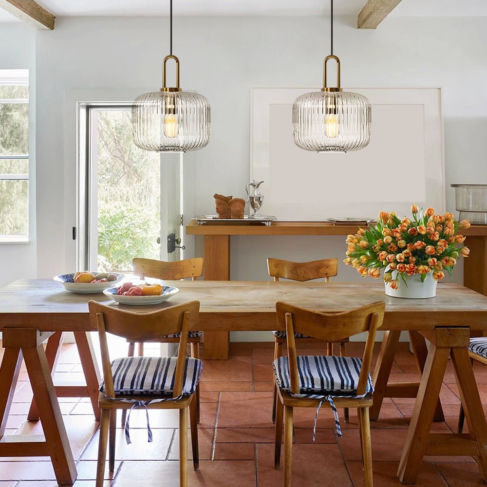 Pendantlightie - Vintage 1 - Light Pumpkin Shape Ribbed Glass Geometric Pendant Light - Pendants - Clear - Small