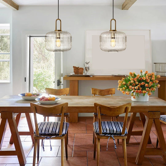 Pendantlightie - Vintage 1 - Light Pumpkin Shape Ribbed Glass Geometric Pendant Light - Pendants - Clear - Small