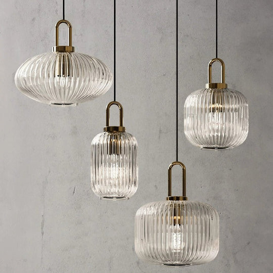 Pendantlightie - Vintage 1 - Light Pumpkin Shape Ribbed Glass Geometric Pendant Light - Pendants - Clear - Small