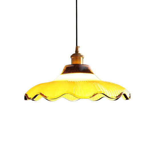 Pendantlightie - Vintage 1 - Light Two Tone Scalloped Flower Ribbed Glass Pendant Light - Pendants - Yellow - 