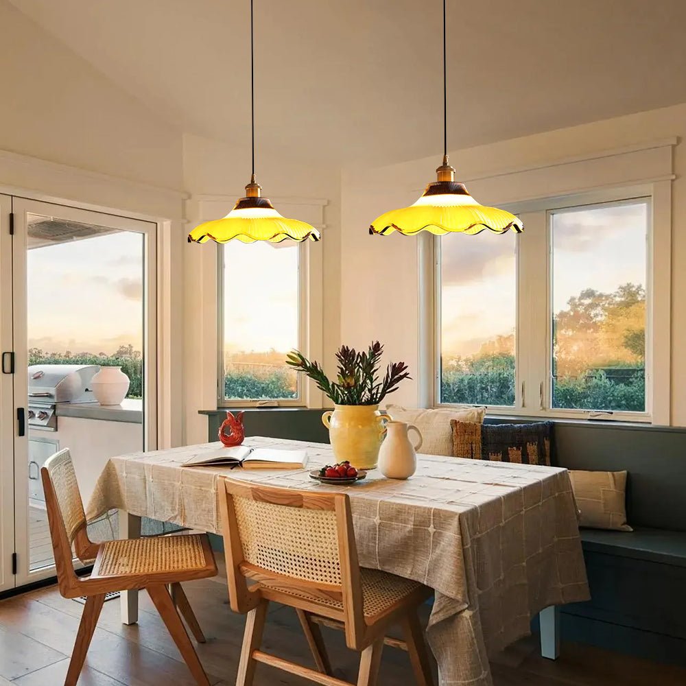 Pendantlightie - Vintage 1 - Light Two Tone Scalloped Flower Ribbed Glass Pendant Light - Pendants - Yellow - 