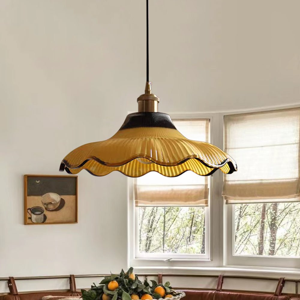 Pendantlightie - Vintage 1 - Light Two Tone Scalloped Flower Ribbed Glass Pendant Light - Pendants - Yellow - 