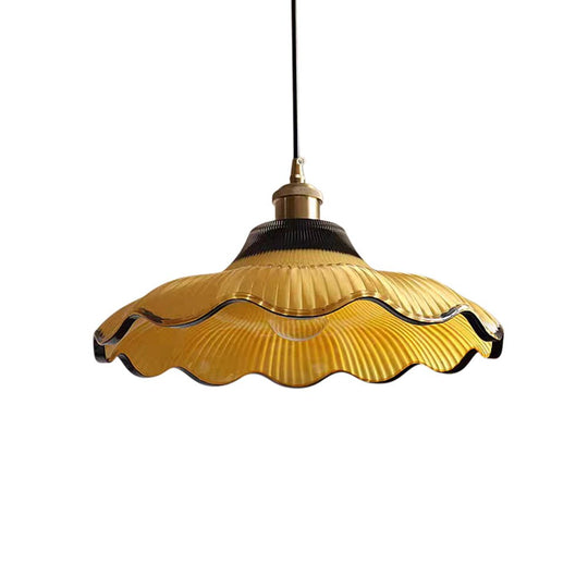 Pendantlightie - Vintage 1 - Light Two Tone Scalloped Flower Ribbed Glass Pendant Light - Pendants - Yellow - 