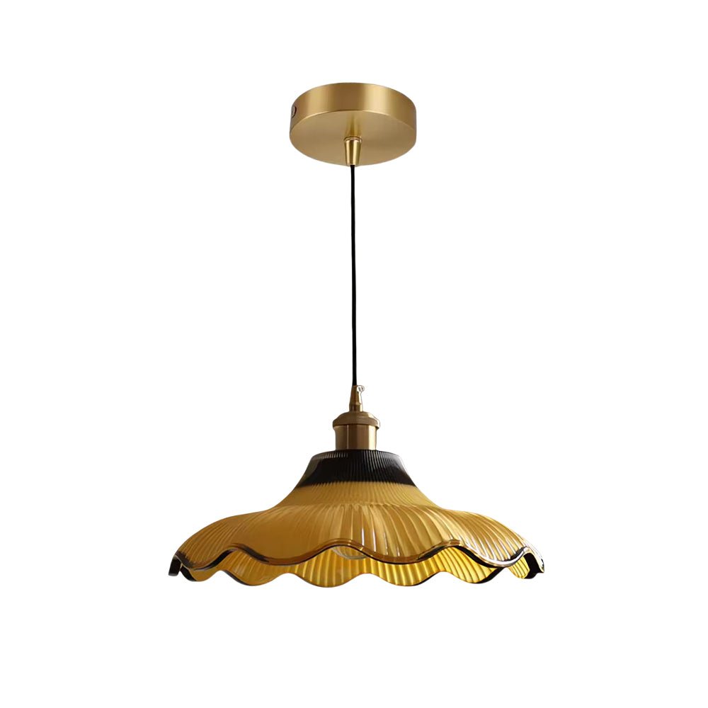 Pendantlightie - Vintage 1 - Light Two Tone Scalloped Flower Ribbed Glass Pendant Light - Pendants - Yellow - 