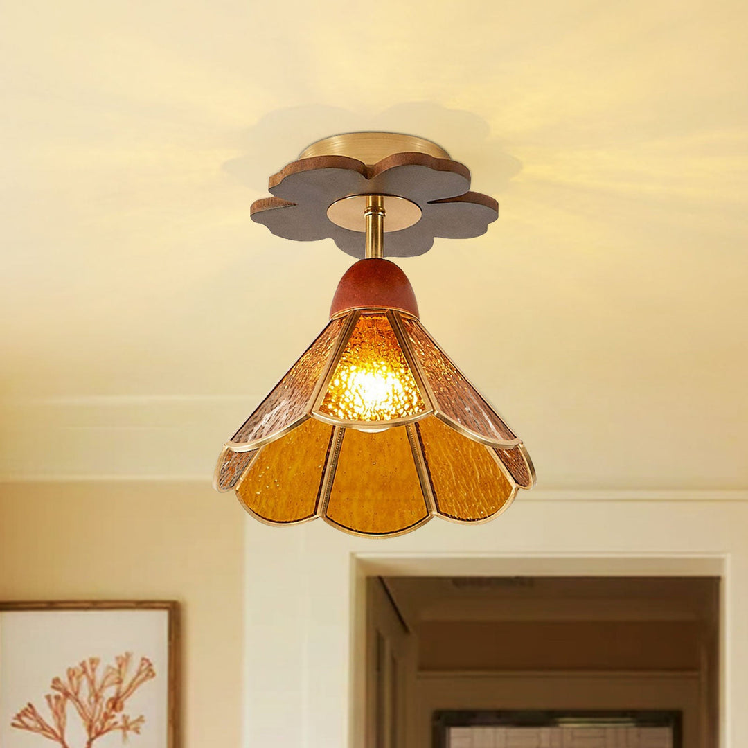 Pendantlightie-Vintage 1-Light Wood Stained Colored Glass Cone Shade Semi Flush Mount-Semi Flush Mount-Amber-