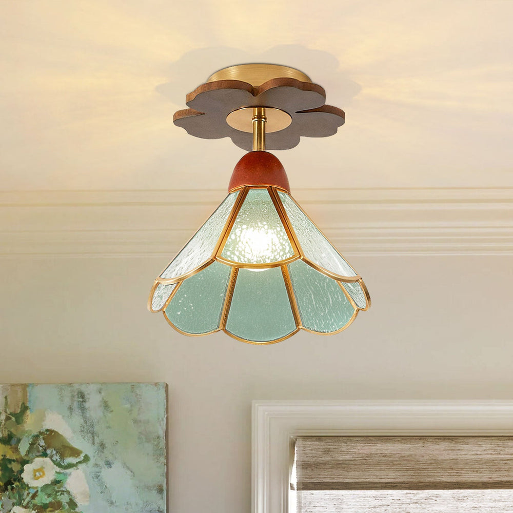 Pendantlightie-Vintage 1-Light Wood Stained Colored Glass Cone Shade Semi Flush Mount-Semi Flush Mount-Blue-