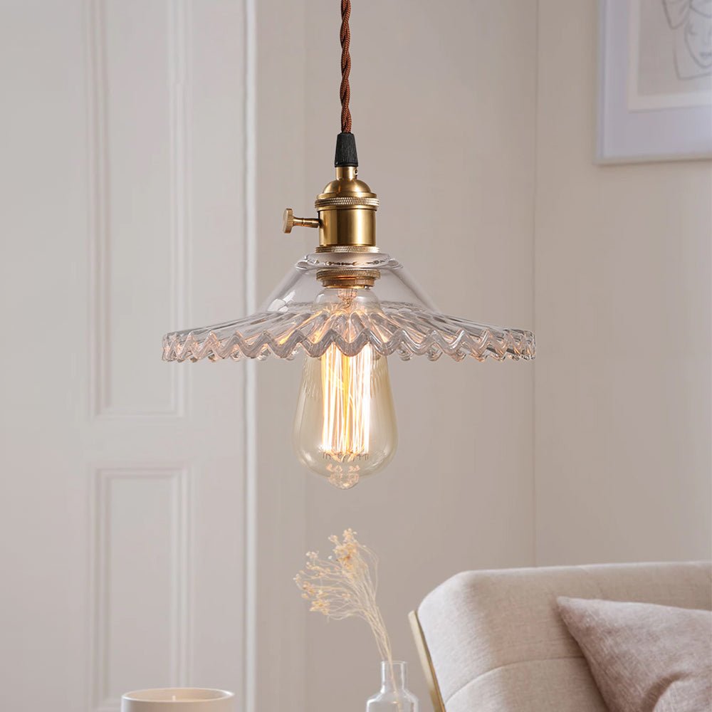 Pendantlightie - Vintage 1 - Light Wrinkle Cone Shape Scalloped Glass Shade Pendant Light - Pendants - Clear - 