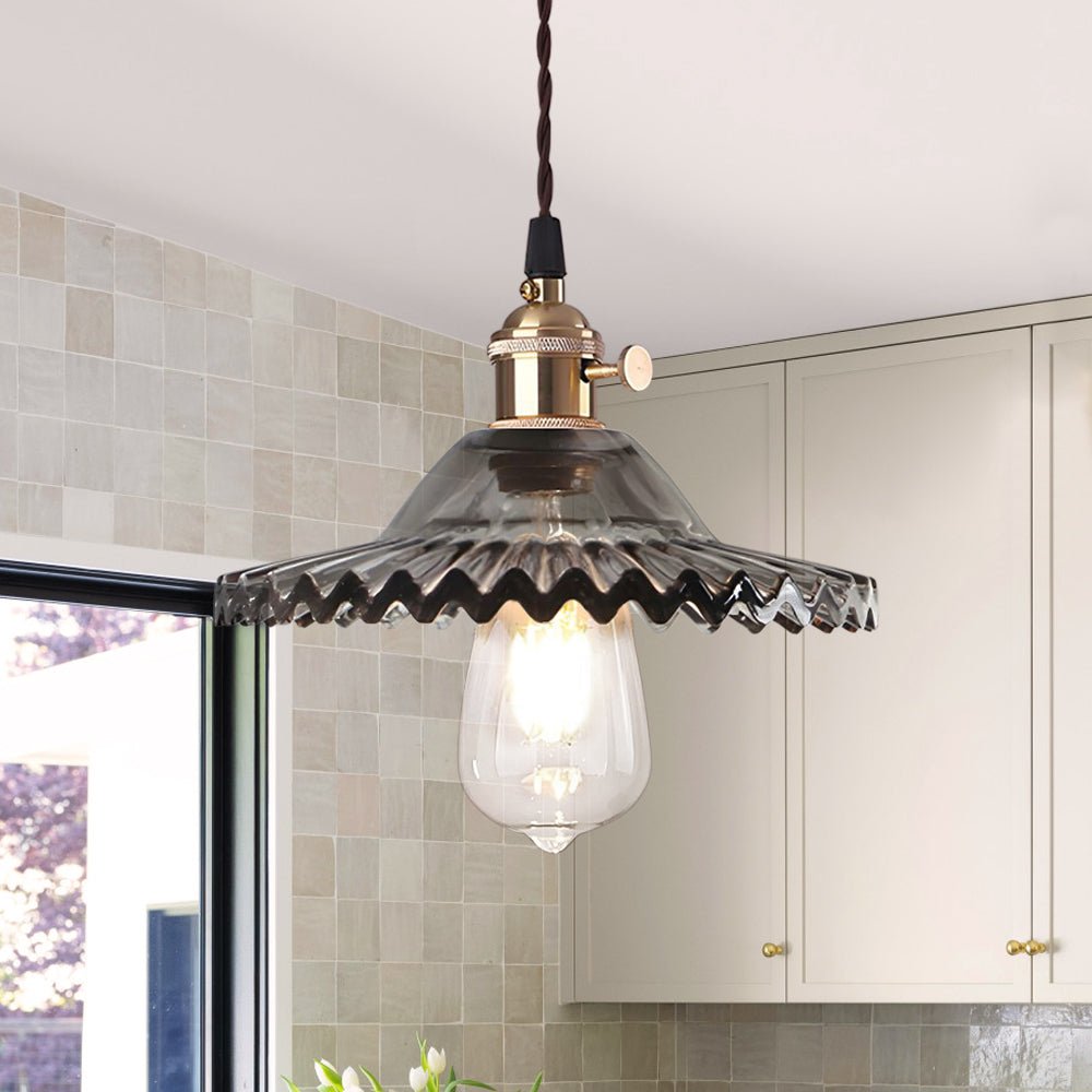 Pendantlightie - Vintage 1 - Light Wrinkle Cone Shape Scalloped Glass Shade Pendant Light - Pendants - Gray - 