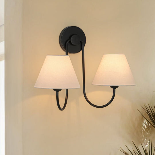 Pendantlightie-Vintage 2-Light Swoop Armed Tapered Linen Fabric Cone Wall Light-Wall Light-Black-