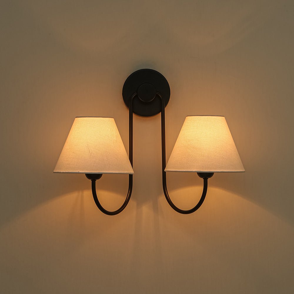Pendantlightie-Vintage 2-Light Swoop Armed Tapered Linen Fabric Cone Wall Light-Wall Light-Black-