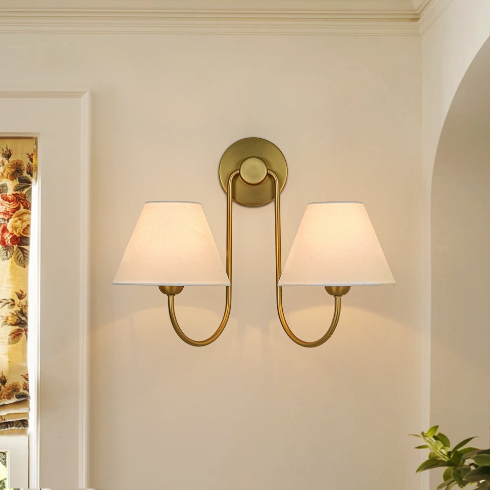 Pendantlightie-Vintage 2-Light Swoop Armed Tapered Linen Fabric Cone Wall Light-Wall Light-Brass-