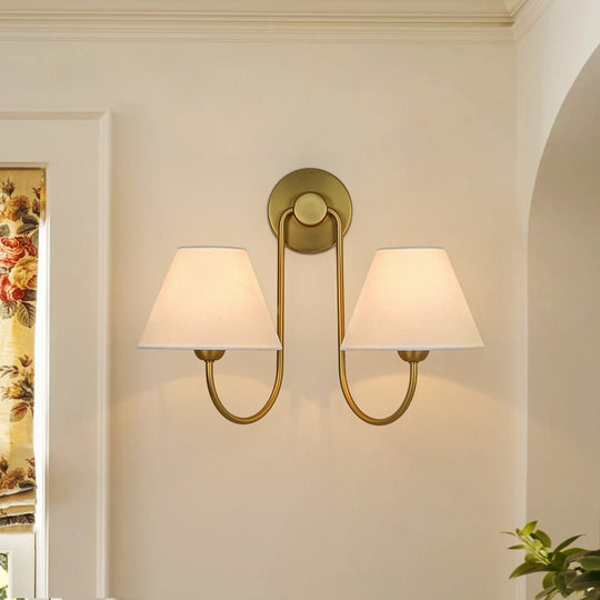 Pendantlightie-Vintage 2-Light Swoop Armed Tapered Linen Fabric Cone Wall Light-Wall Light-Brass-