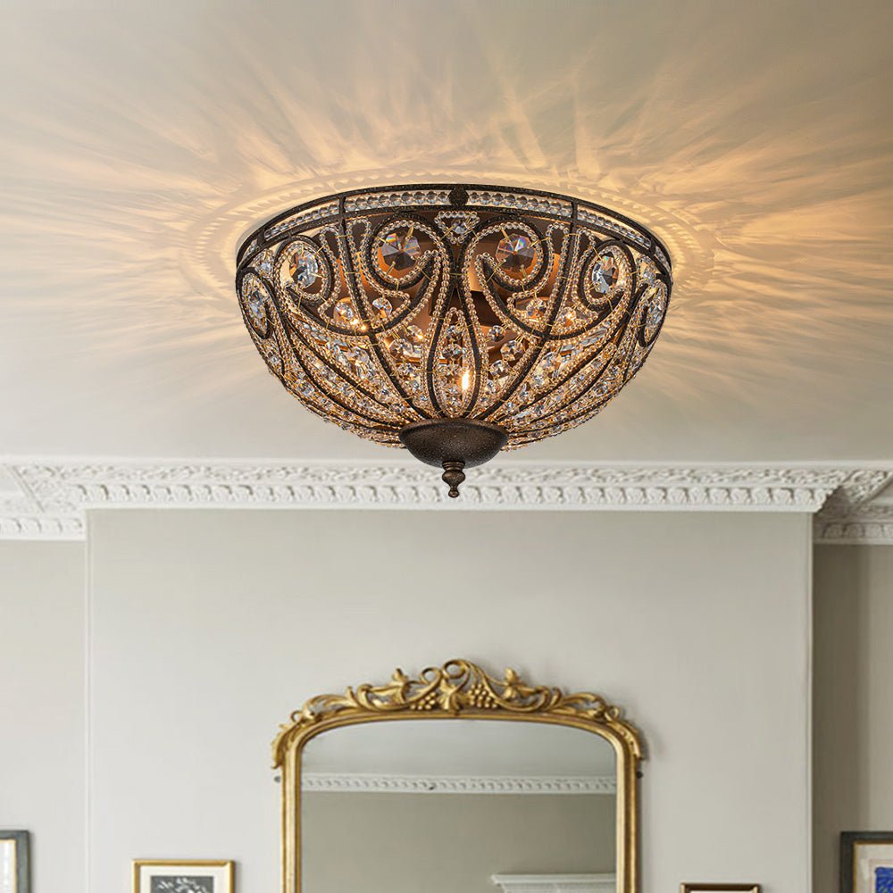 Pendantlightie-Vintage 3-Light Bowl Crystal Flush Ceiling Light-Flush Mount-Antique bronze-
