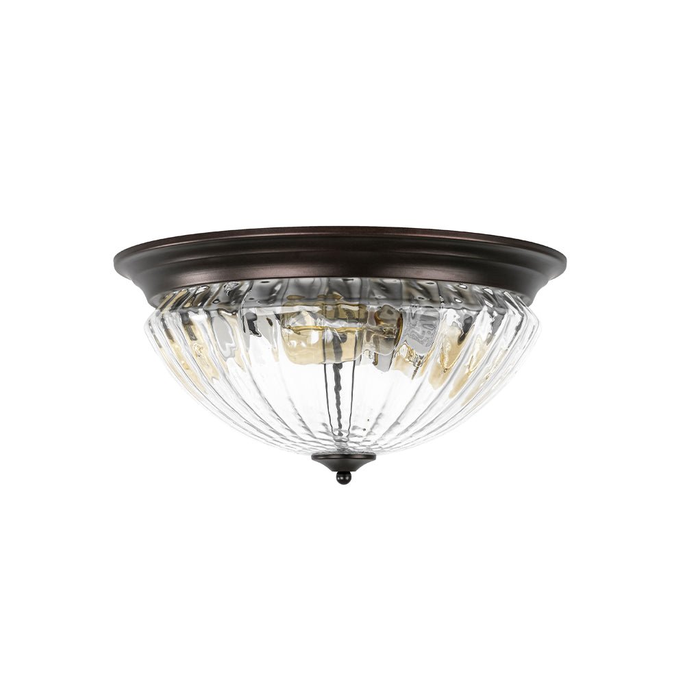 Pendantlightie - Vintage 3 - Light Clear Prismatic Ribbed Glass Bowl Flush Mount - Flush Mount - Oil Rubbed Bronze - 