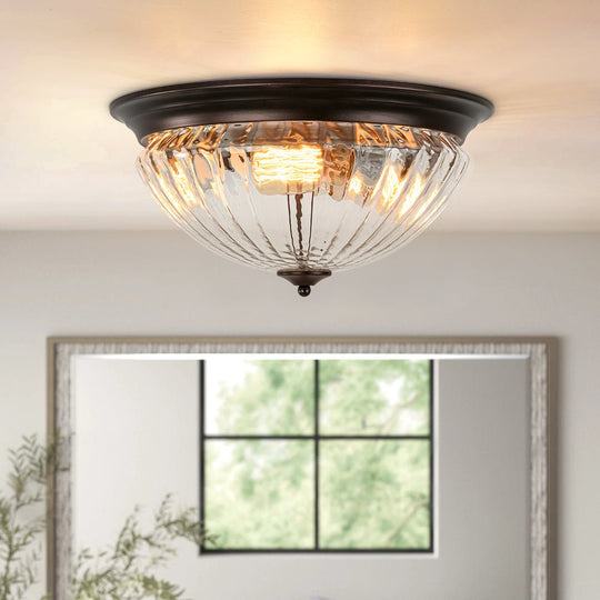 Pendantlightie - Vintage 3 - Light Clear Prismatic Ribbed Glass Bowl Flush Mount - Flush Mount - Oil Rubbed Bronze - 