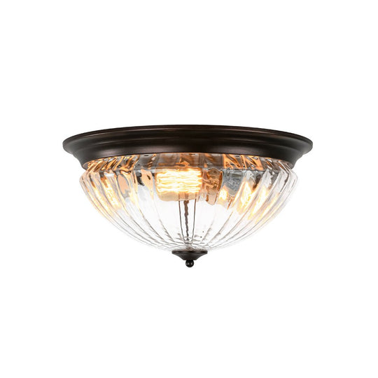 Pendantlightie - Vintage 3 - Light Clear Prismatic Ribbed Glass Bowl Flush Mount - Flush Mount - Oil Rubbed Bronze - 