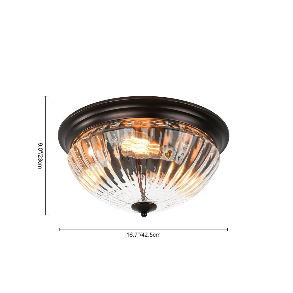 Pendantlightie - Vintage 3 - Light Clear Prismatic Ribbed Glass Bowl Flush Mount - Flush Mount - Oil Rubbed Bronze - 