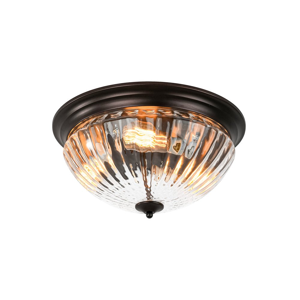 Pendantlightie - Vintage 3 - Light Clear Prismatic Ribbed Glass Bowl Flush Mount - Flush Mount - Oil Rubbed Bronze - 