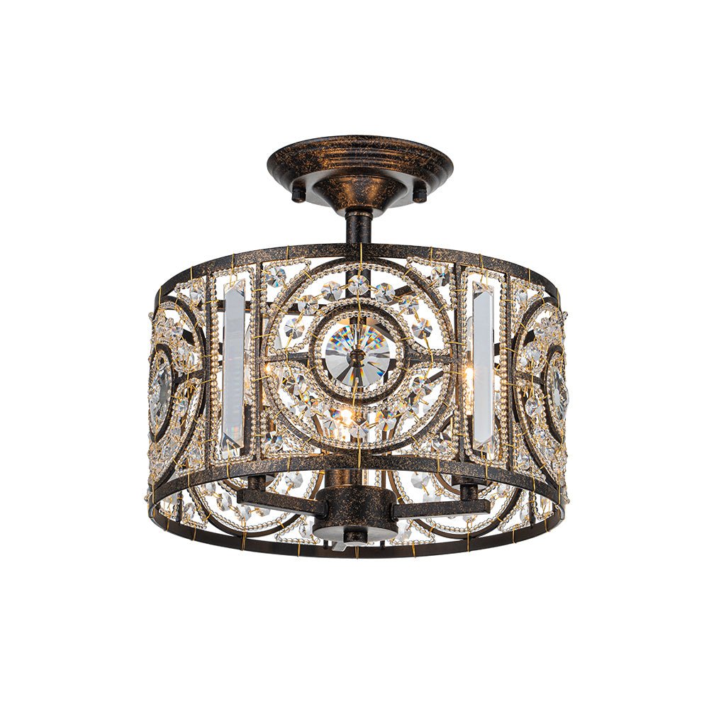 Pendantlightie - Vintage 3 - Light Drum Semi Ceiling Light With Crystal Accent - Semi Flush Mount - Bronze - 