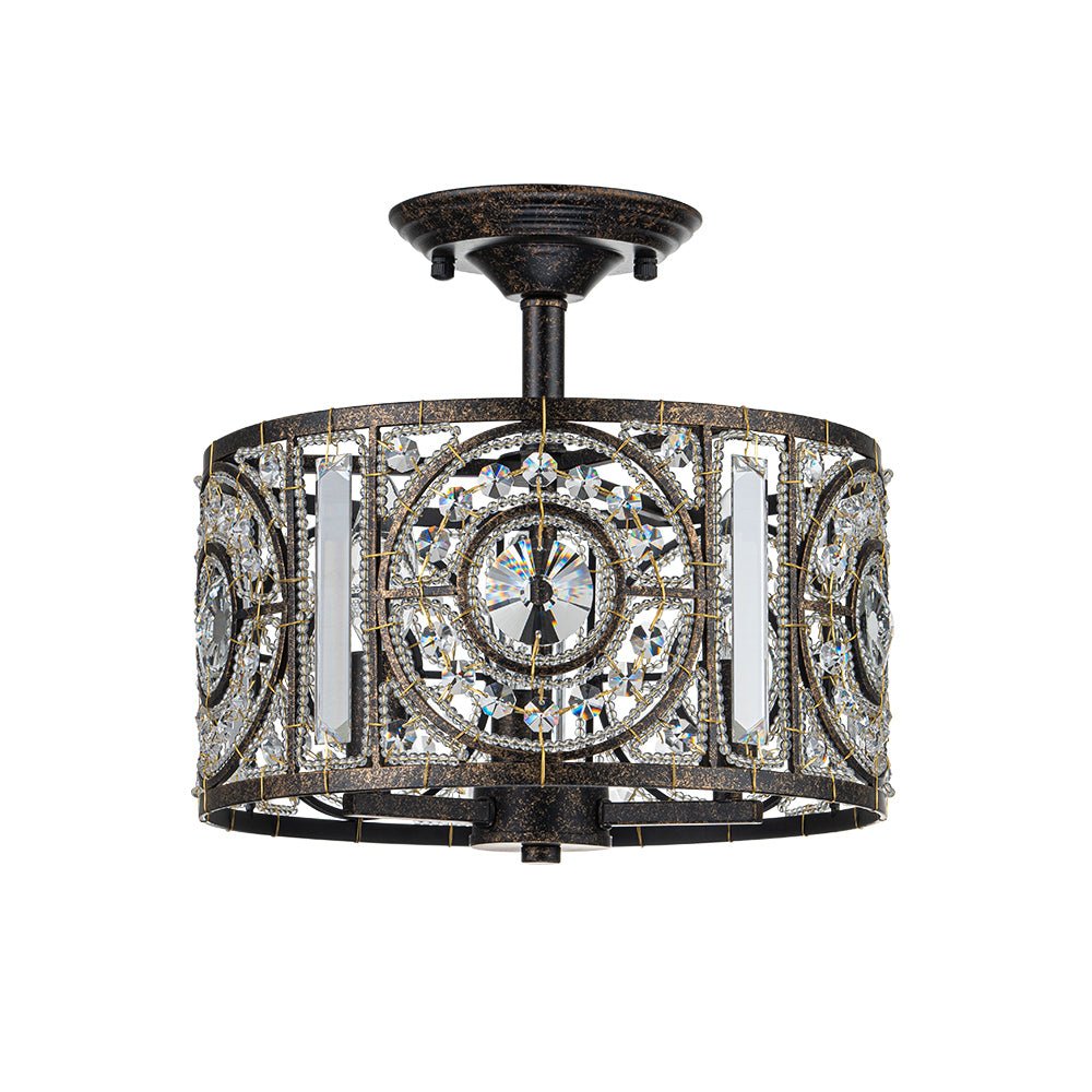 Pendantlightie - Vintage 3 - Light Drum Semi Ceiling Light With Crystal Accent - Semi Flush Mount - Bronze - 