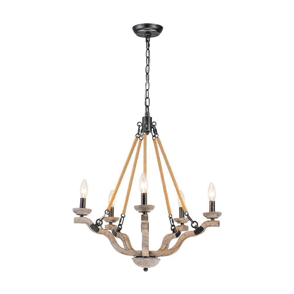 Pendantlightie - Vintage 5 - Light Hemp Rope Candle Style Wooden Chandelier - Chandeliers - 5Lt - 