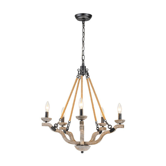 Pendantlightie - Vintage 5 - Light Hemp Rope Candle Style Wooden Chandelier - Chandeliers - 5Lt - 