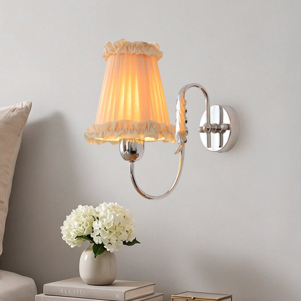 Pendantlightie-Vintage Elegant 1-Light Cone Ruffle Pleated Fabric Tapered Wall Light-Wall Light-Chrome-