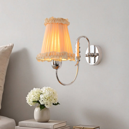 Pendantlightie-Vintage Elegant 1-Light Cone Ruffle Pleated Fabric Tapered Wall Light-Wall Light-Chrome-