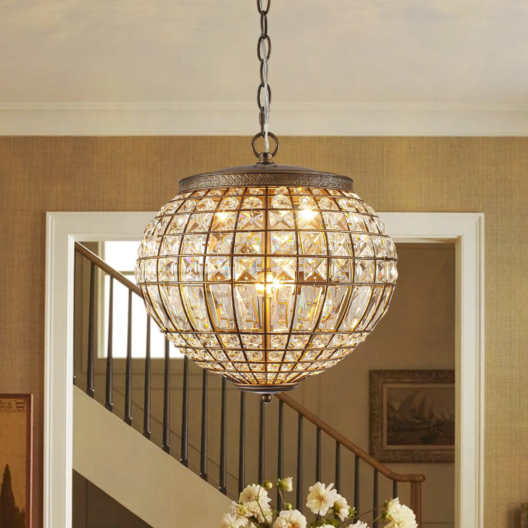 Pendantlightie-Vintage French Style 3-Light Lantern Globe Crystal Chandelier-Chandeliers-35 cm W x 34 cm H-