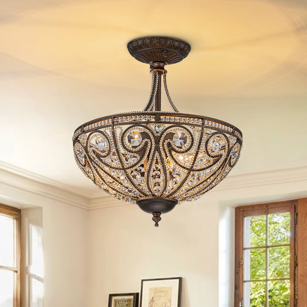 Pendantlightie-Vintage Luxury 3-Light Bowl Crystal Semi Flush Ceiling Light-Semi Flush Mount-Antique bronze-